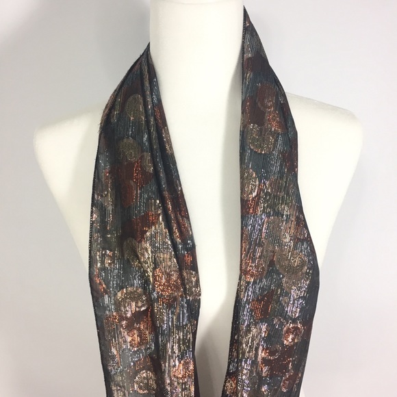 Vintage Scarf Metallic Silver Gold Copper Black Warm Fall Colors - Picture 4 of 13